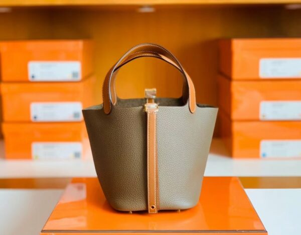 Hermes Picotin Togo CK18 Etoupe Grey & CK37 Golden Brown Gold Hardware 18cm Full Handmade