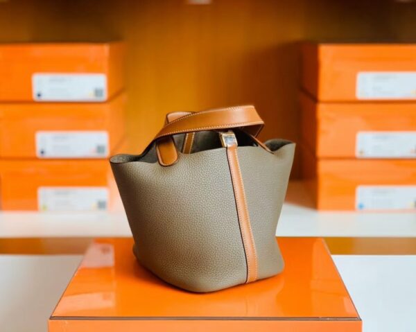 Hermes Picotin Togo CK18 Etoupe Grey & CK37 Golden Brown Gold Hardware 18cm Full Handmade