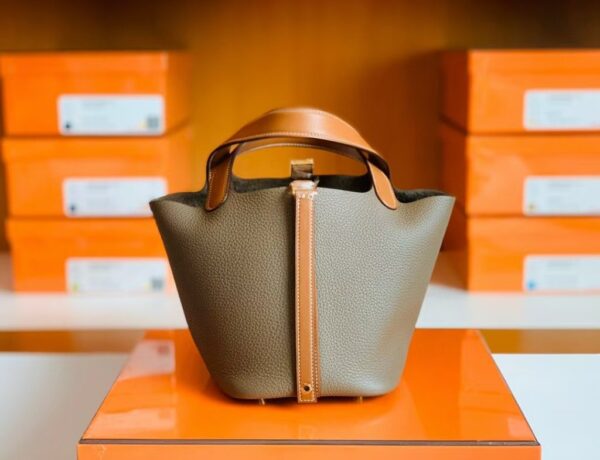 Hermes Picotin Togo CK18 Etoupe Grey & CK37 Golden Brown Gold Hardware 18cm Full Handmade