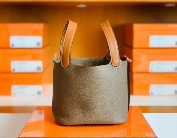 Hermes Picotin Togo CK18 Etoupe Grey & CK37 Golden Brown Gold Hardware 18cm Full Handmade