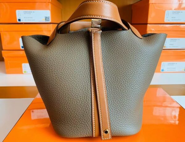 Hermes Picotin Togo CK18 Etoupe Grey & CK37 Golden Brown Gold Hardware 18cm Full Handmade