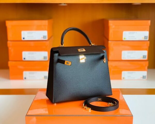 Hermes Kelly Epsom CK89 Black Gold Hardware 25cm Full Handmade