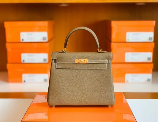 Hermes Kelly Togo CK18 Etoupe Grey Gold Hardware 25cm Full Handmade