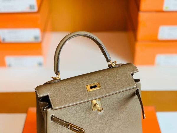 Hermes Kelly Togo CK18 Etoupe Grey Gold Hardware 25cm Full Handmade