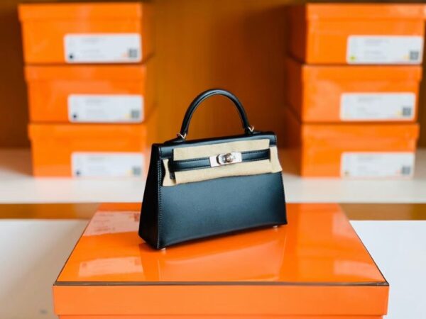 Hermes Mini Kelly Box Leather CK89 Black Silver Hardware 19cm Full Handmade