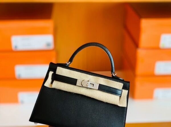 Hermes Mini Kelly Box Leather CK89 Black Silver Hardware 19cm Full Handmade
