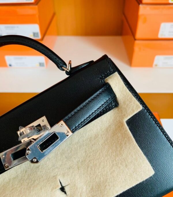 Hermes Mini Kelly Box Leather CK89 Black Silver Hardware 19cm Full Handmade