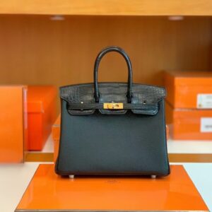 Hermes Birkin Touch Matte Alligator & Togo ck89 Noir Black Gold Hardware 25cm Full Handmade
