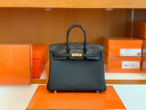 Hermes Birkin Touch Matte Alligator & Togo ck89 Noir Black Gold Hardware 25cm Full Handmade