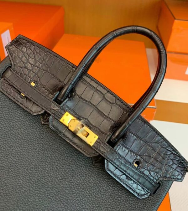 Hermes Birkin Touch Matte Alligator & Togo ck89 Noir Black Gold Hardware 25cm Full Handmade