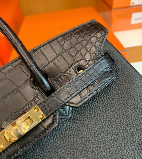 Hermes Birkin Touch Matte Alligator & Togo ck89 Noir Black Gold Hardware 25cm Full Handmade