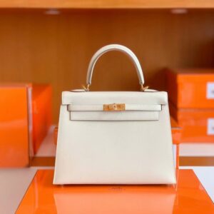 Hermes Kelly Epsom Creamy White Gold Hardware 25cm Full Handmade