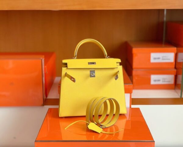Hermes Kelly Epsom 9O Lemon yellow Silver Hardware 25cm Full Handmade