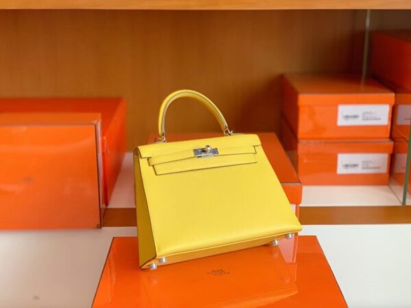 Hermes Kelly Epsom 9O Lemon yellow Silver Hardware 25cm Full Handmade