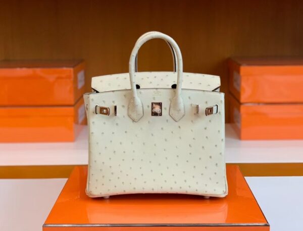 Hermes Birkin Ostrich 3C Wool white Rose Gold Hardware 25cm Full Handmade