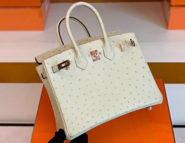 Hermes Birkin Ostrich 3C Wool white Rose Gold Hardware 25cm Full Handmade
