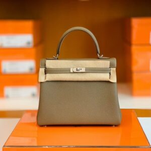 Hermes Kelly Togo Etoupe Grey Silver Hardware 25cm Full Handmade
