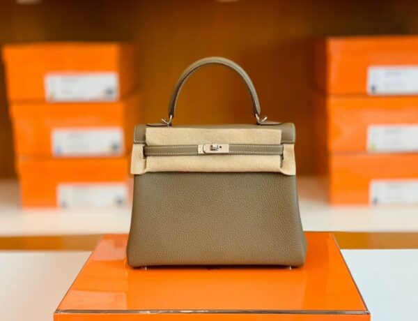 Hermes Kelly Togo Etoupe Grey Silver Hardware 25cm Full Handmade