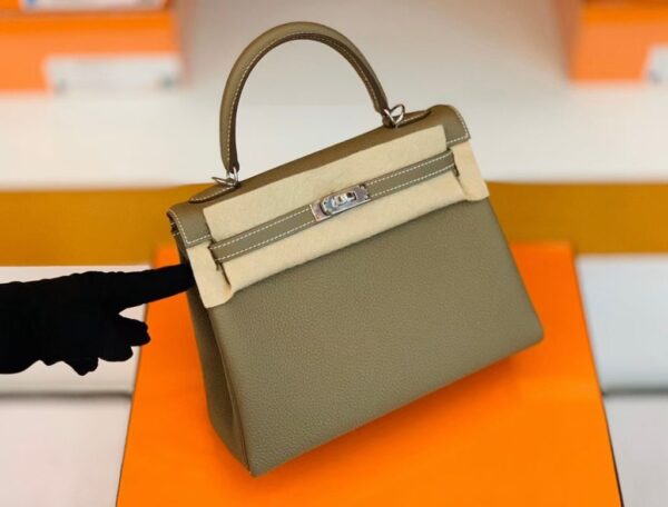 Hermes Kelly Togo Etoupe Grey Silver Hardware 25cm Full Handmade