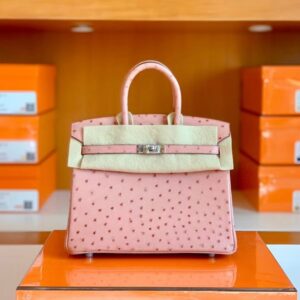 Hermes Birkin Ostrich CK94 Pink Silver Hardware 25cm Full Handmade