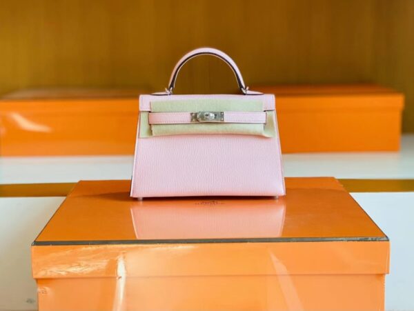 Hermès mini Kelly Sellier Chevre 3q rose sakura pink Silver Hardware 19cm Full Handmade