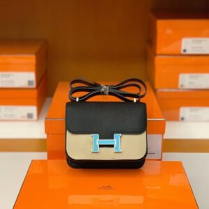 Hermès Constance Epsom Black Blue enamel buckle Silver Hardware 18cm Full Handmade