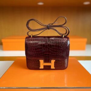 Hermès Constance Shiny Alligator crocodile Wine red Gold Hardware 18cm Full Handmade