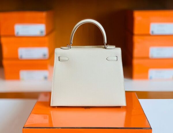 Hermès Kelly Epsom Creamy White Silver Hardware 25cm Full Handmade