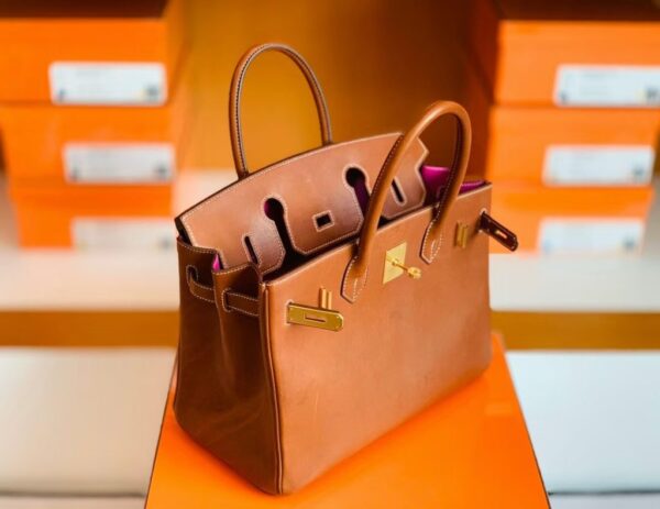 Hermès Birkin Barenia CK37 Golden Brown & L3 Rose Purple Gold Hardware 30cm Full Handmade