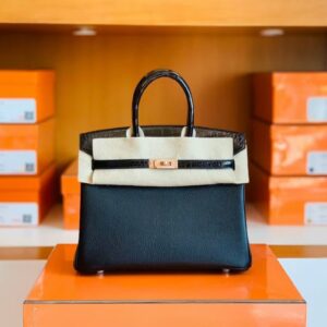 Hermès Birkin Touch Shiny Alligator & Chevre CK89 Black Noir Rose Gold Hardware 25cm Full Handmade