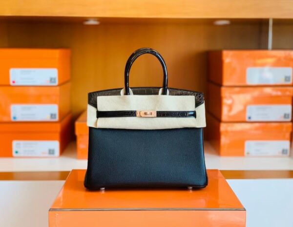 Hermès Birkin Touch Shiny Alligator & Chevre CK89 Black Noir Rose Gold Hardware 25cm Full Handmade