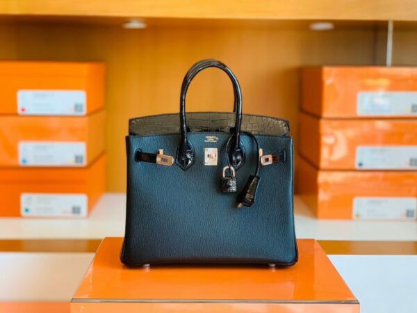 Hermès Birkin Touch Shiny Alligator & Chevre CK89 Black Noir Rose Gold Hardware 25cm Full Handmade