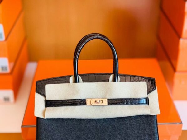 Hermès Birkin Touch Shiny Alligator & Chevre CK89 Black Noir Rose Gold Hardware 25cm Full Handmade