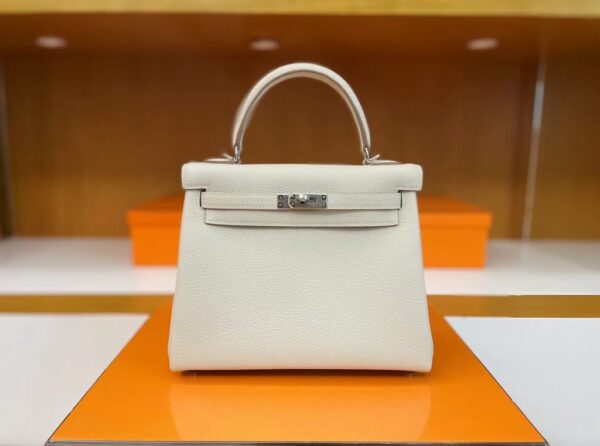 H Factory Bags Kelly Togo Creamy White Silver Hardware 25cm Full Handmade