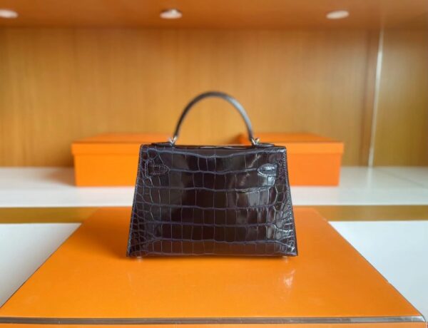H Factory Bags mini kelly Shiny Niloticus crocodile Deep Blue Silver Hardware 19cm Full Handmade