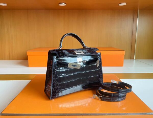 H Factory Bags mini kelly Shiny Niloticus crocodile Deep Blue Silver Hardware 19cm Full Handmade