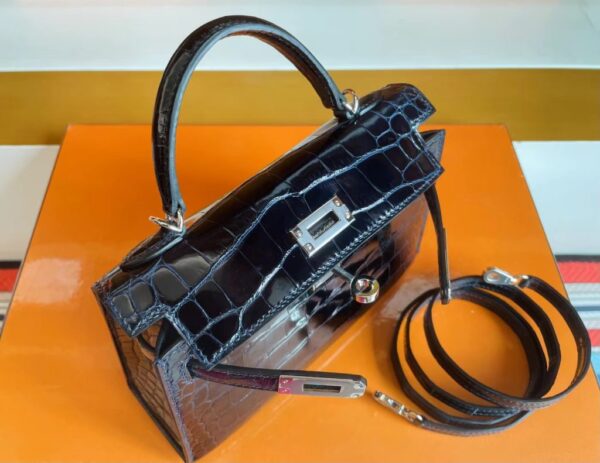 H Factory Bags mini kelly Shiny Niloticus crocodile Deep Blue Silver Hardware 19cm Full Handmade