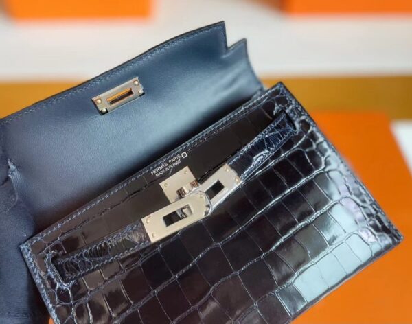 H Factory Bags mini kelly Shiny Niloticus crocodile Deep Blue Silver Hardware 19cm Full Handmade